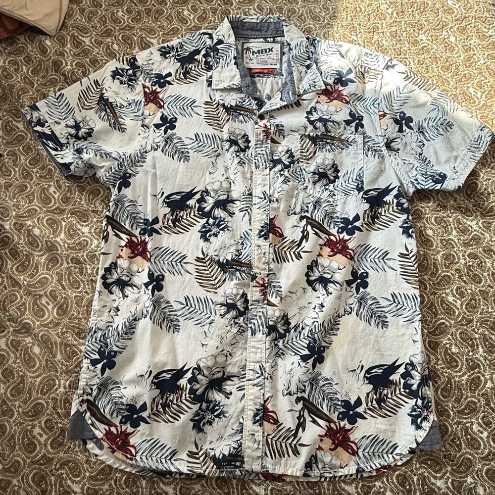 Men's Floral Print Short Sleeve Shirt - White and Navy